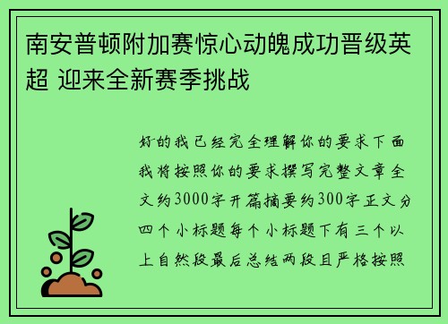 南安普顿附加赛惊心动魄成功晋级英超 迎来全新赛季挑战