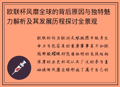 欧联杯风靡全球的背后原因与独特魅力解析及其发展历程探讨全景观